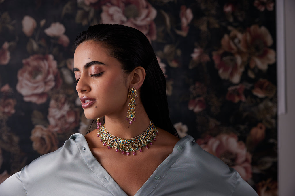 Firoza Necklace with Pokhraj Stone